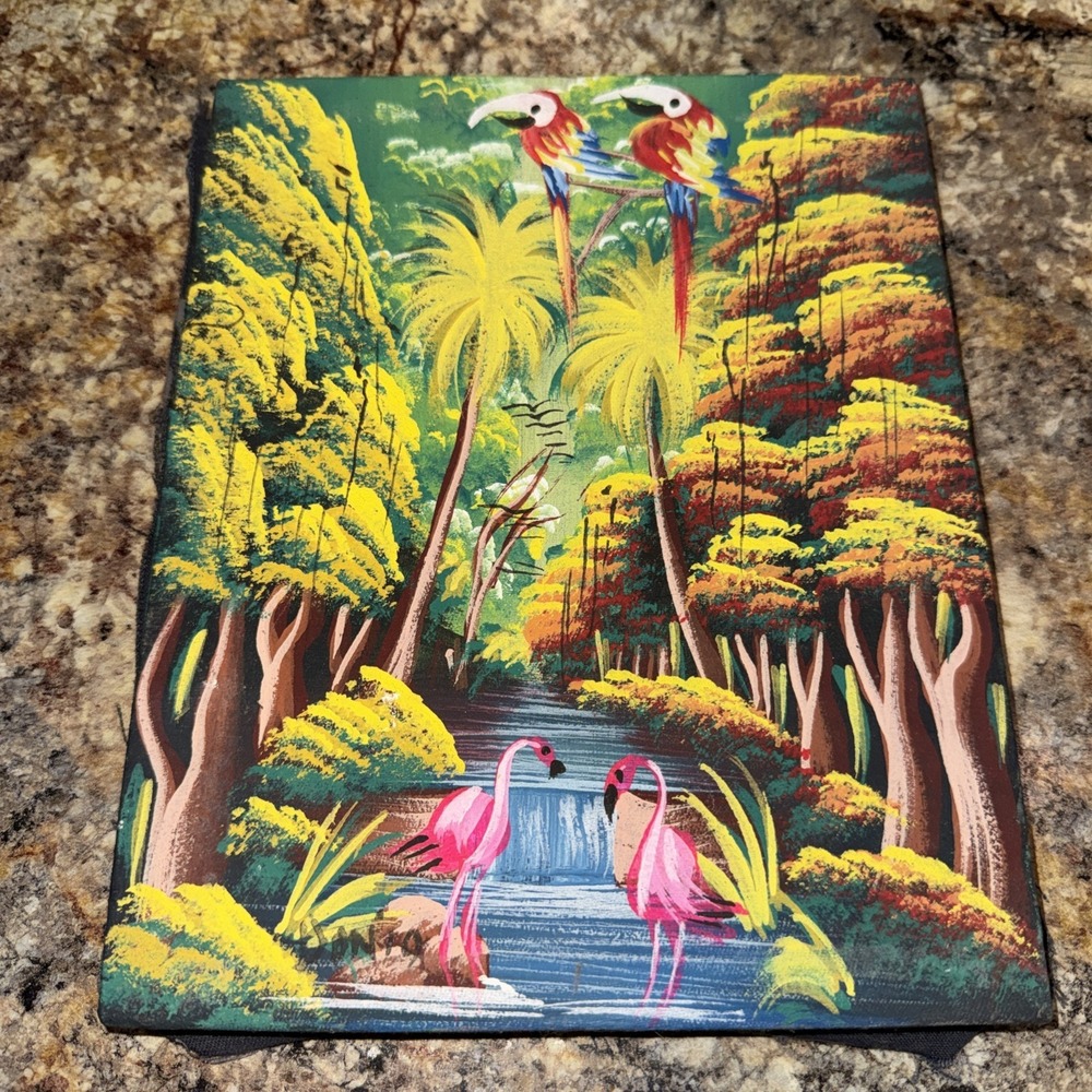 Vintage Tropical Bird Painting Parrots Flamingos Jungle Landscape‎ 10x8 Art